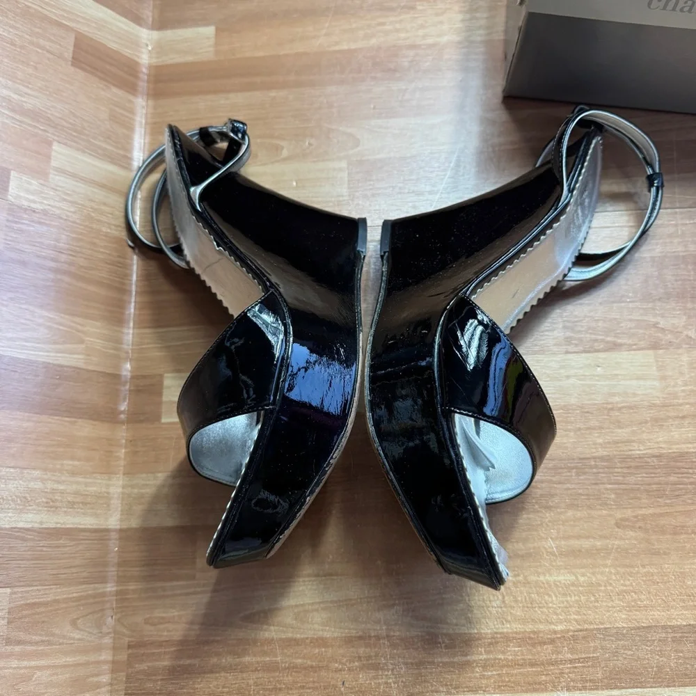 Charles David truce black patent wedge open toe shoes ankle strap size 9 - Picture 11 of 12